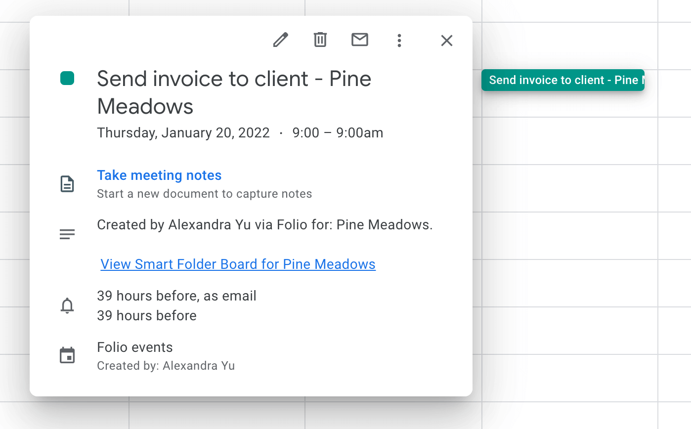 Folio created event in Google calendar